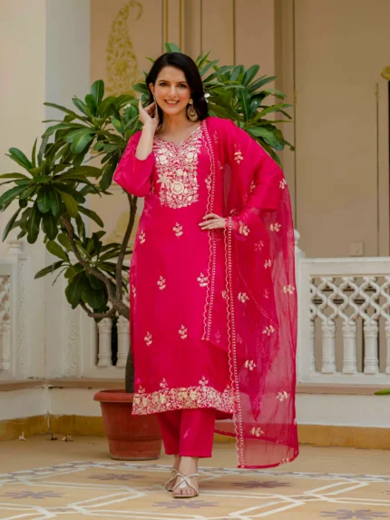 Viola Roman Glass Solid Embroidered Straight Kurta, Trousers & Dupatta Set