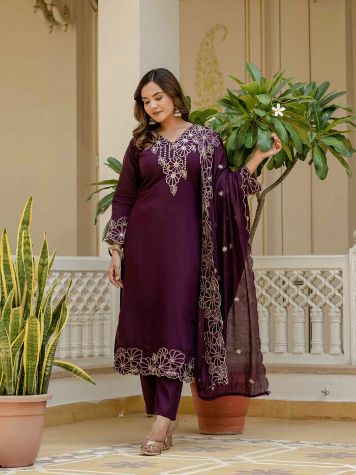 Saba Roman Solid Embroidered Straight Kurta, Trousers & Dupatta Set