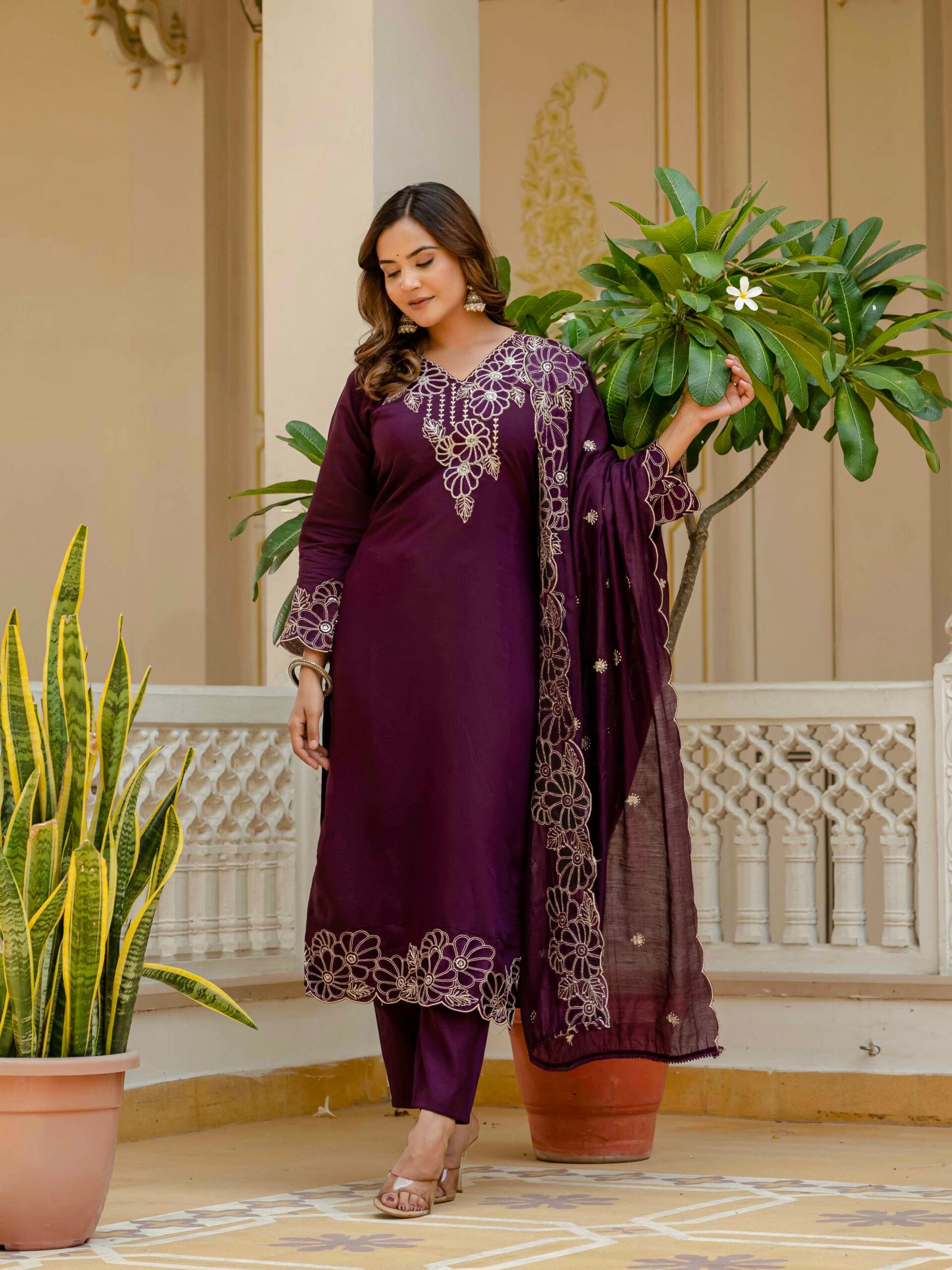 Saba Roman Solid Embroidered Straight Kurta, Trousers & Dupatta Set