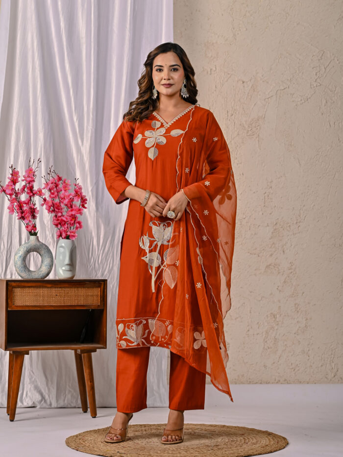 Lavanya Roman Solid Embroidered Straight Kurta, Trousers & Dupatta Sets