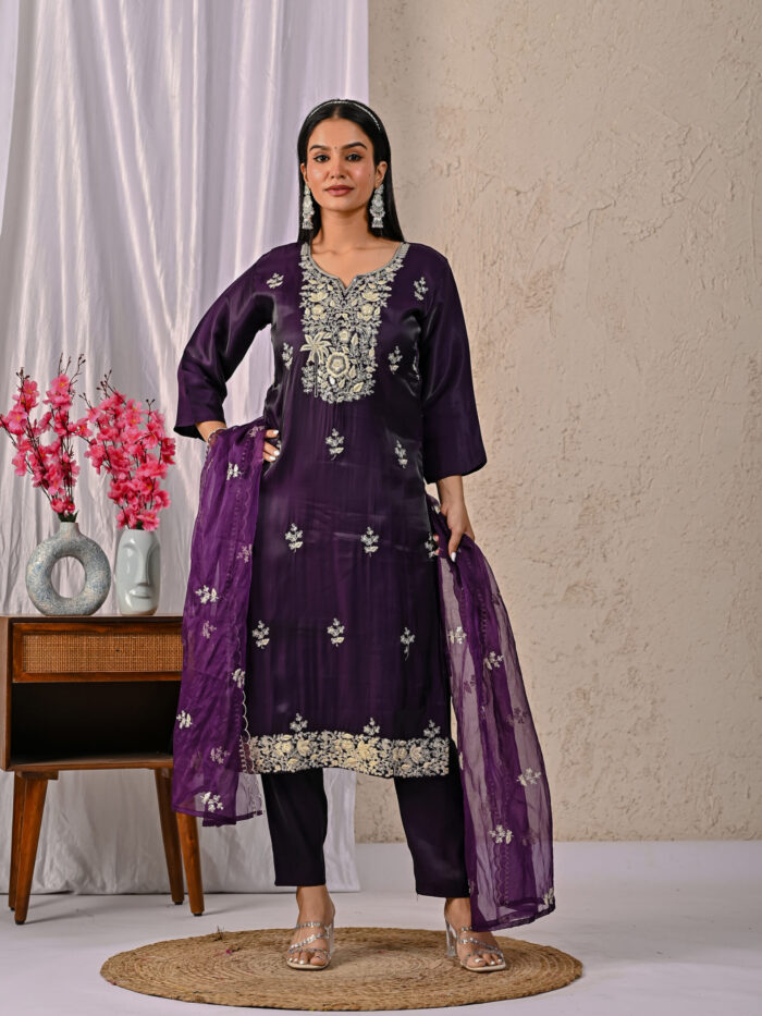 Elara Roman Glass Solid Embroidered Straight Kurta, Trousers & Dupatta Sets