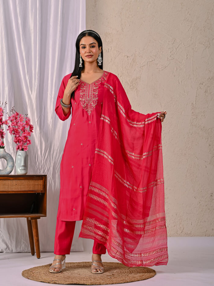 Ruhani Roman Solid Embroidered Straight Kurta, Trousers & Dupatta Sets