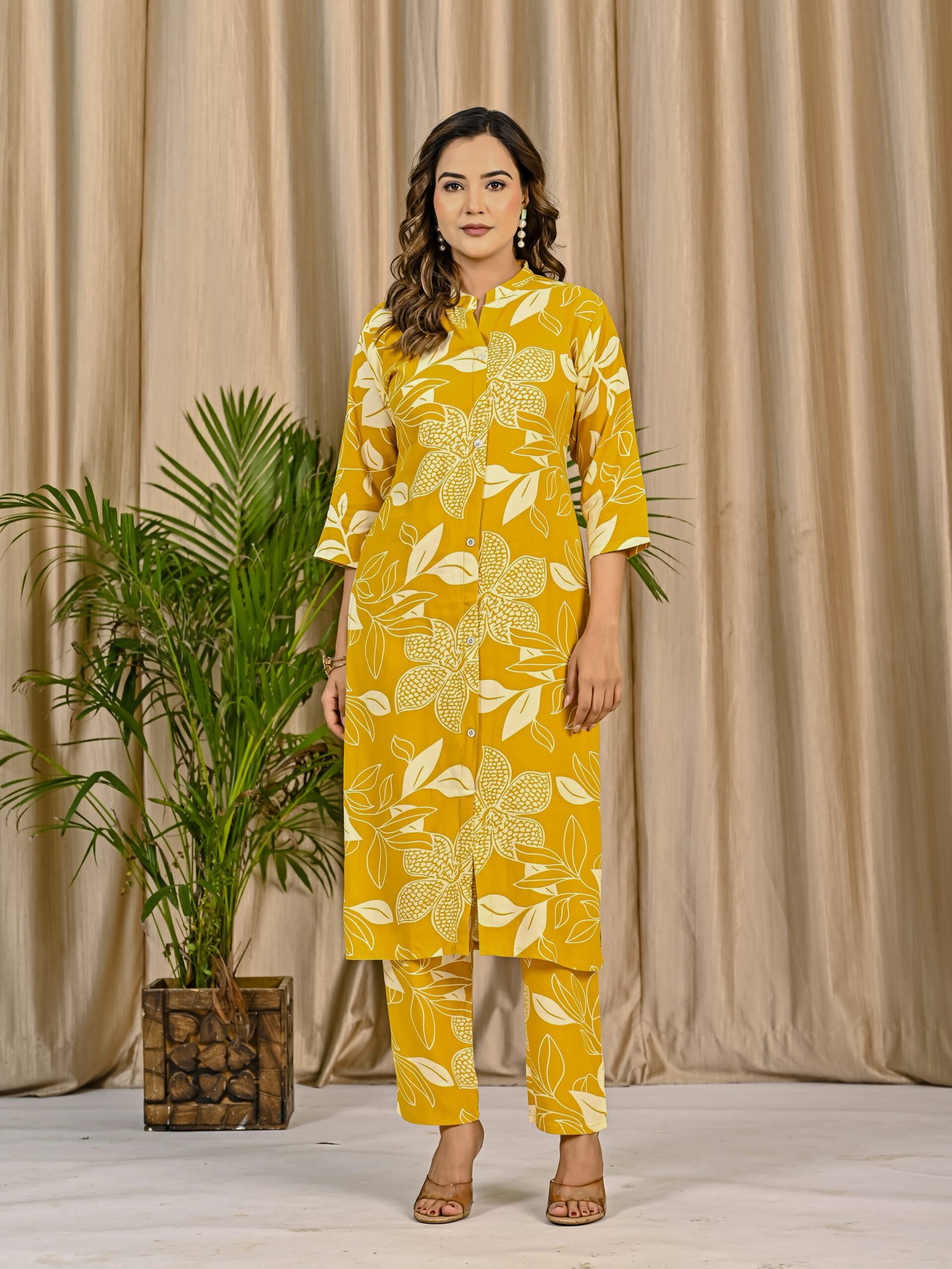 Viscose Rayon Yellow Solid Floral Print Co-Ord Set