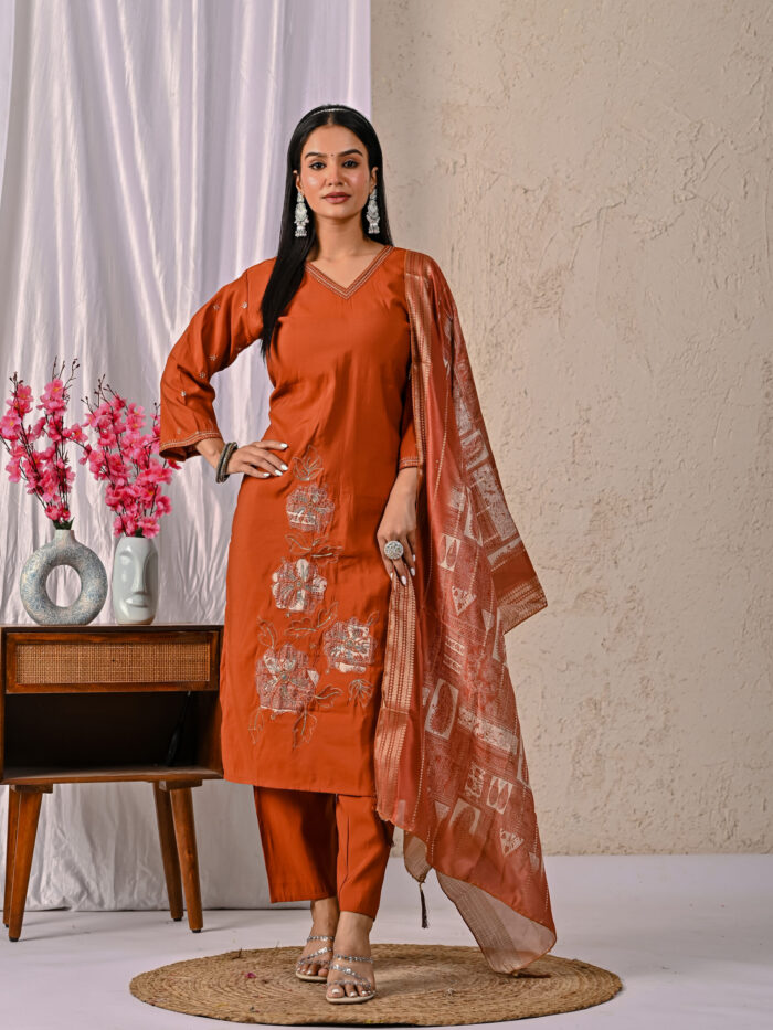Aadhya Roman Solid Embroidered Straight Kurta, Trousers & Dupatta Sets