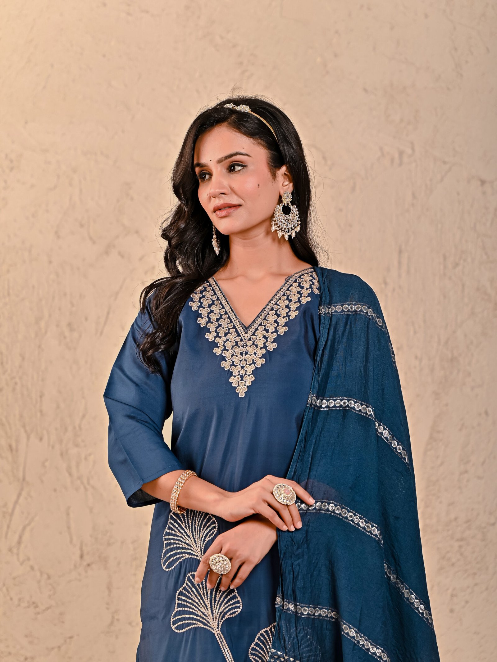 Elvia Roman Solid Embroidered Straight Kurta, Trousers & Dupatta Sets