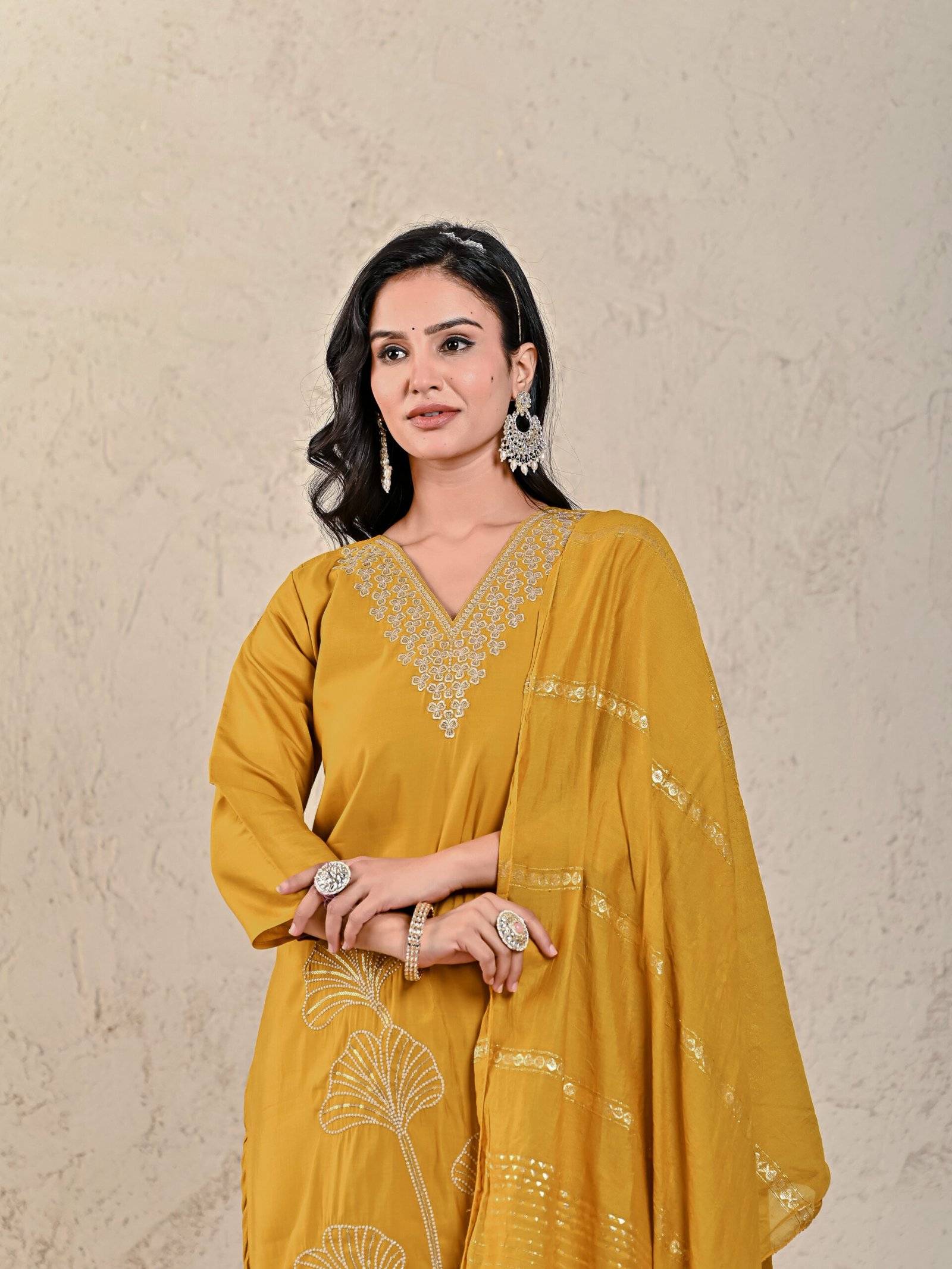 Ayira Roman Solid Embroidered Straight Kurta, Trousers & Dupatta Sets