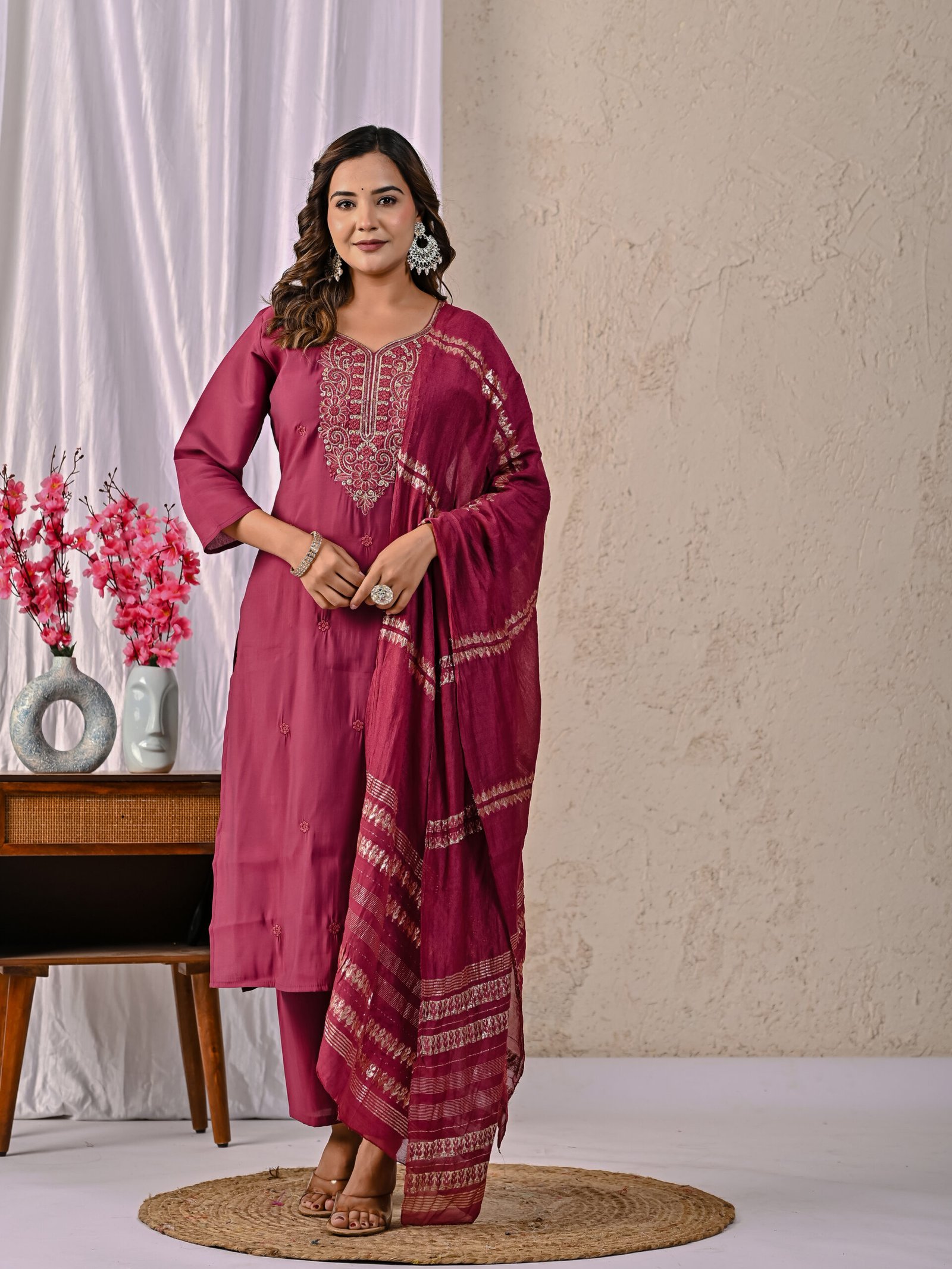 Kaia Roman Solid Embroidered Straight Kurta, Trousers & Dupatta Sets