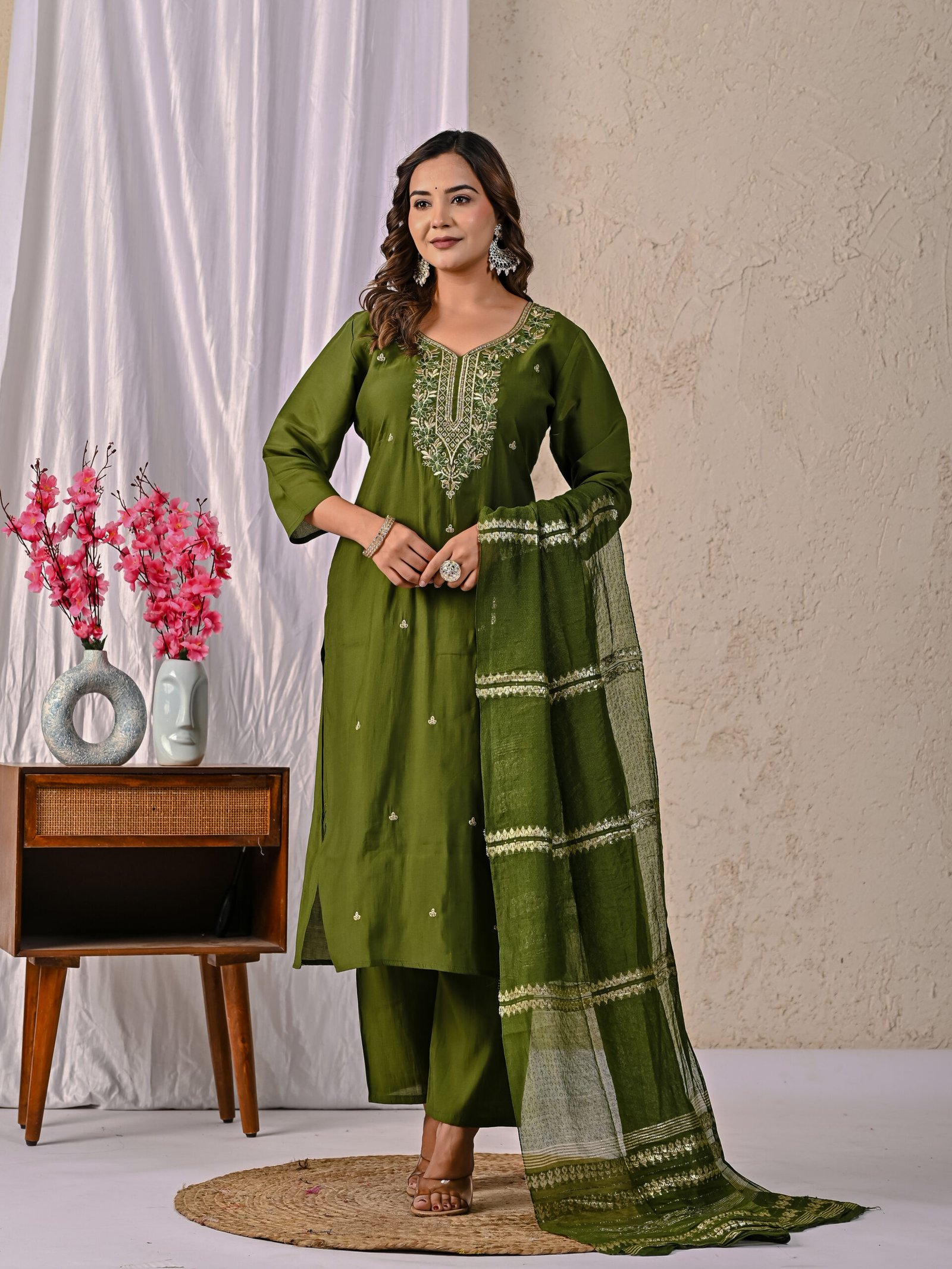 Ira Roman Solid Embroidered Straight Kurta, Trousers & Dupatta Sets