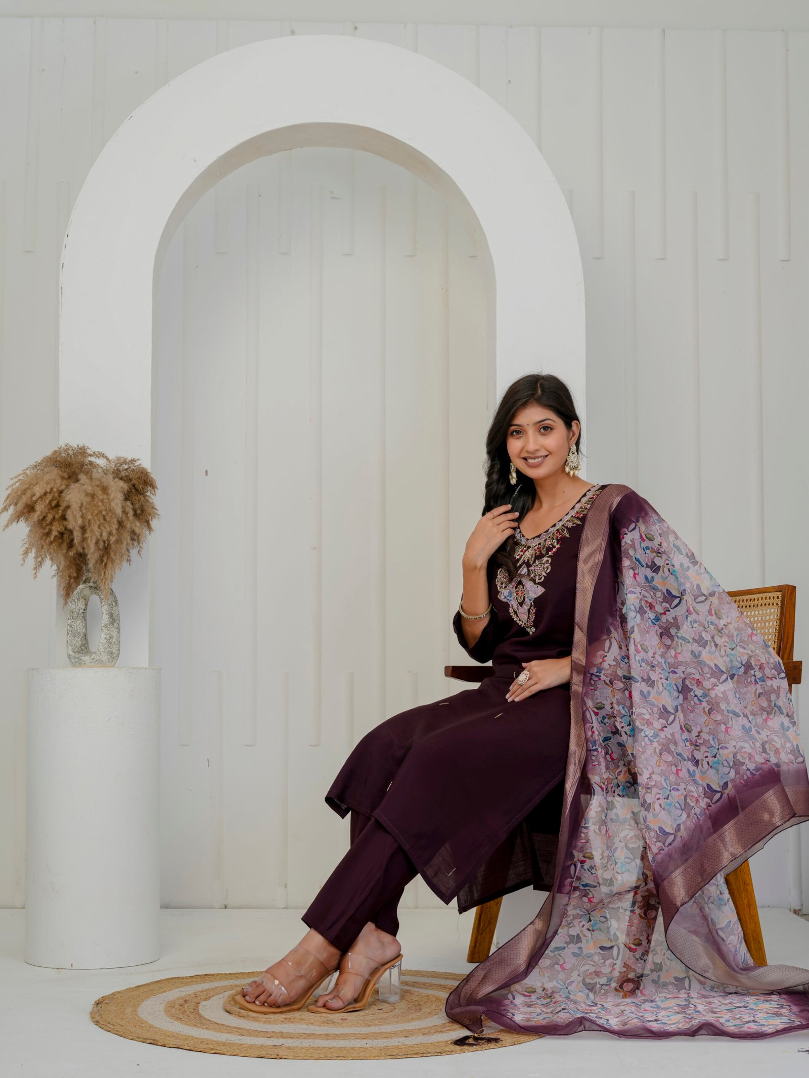 Naeva Roman Glass Solid Embroidered Straight Kurta, Trousers & Dupatta Set