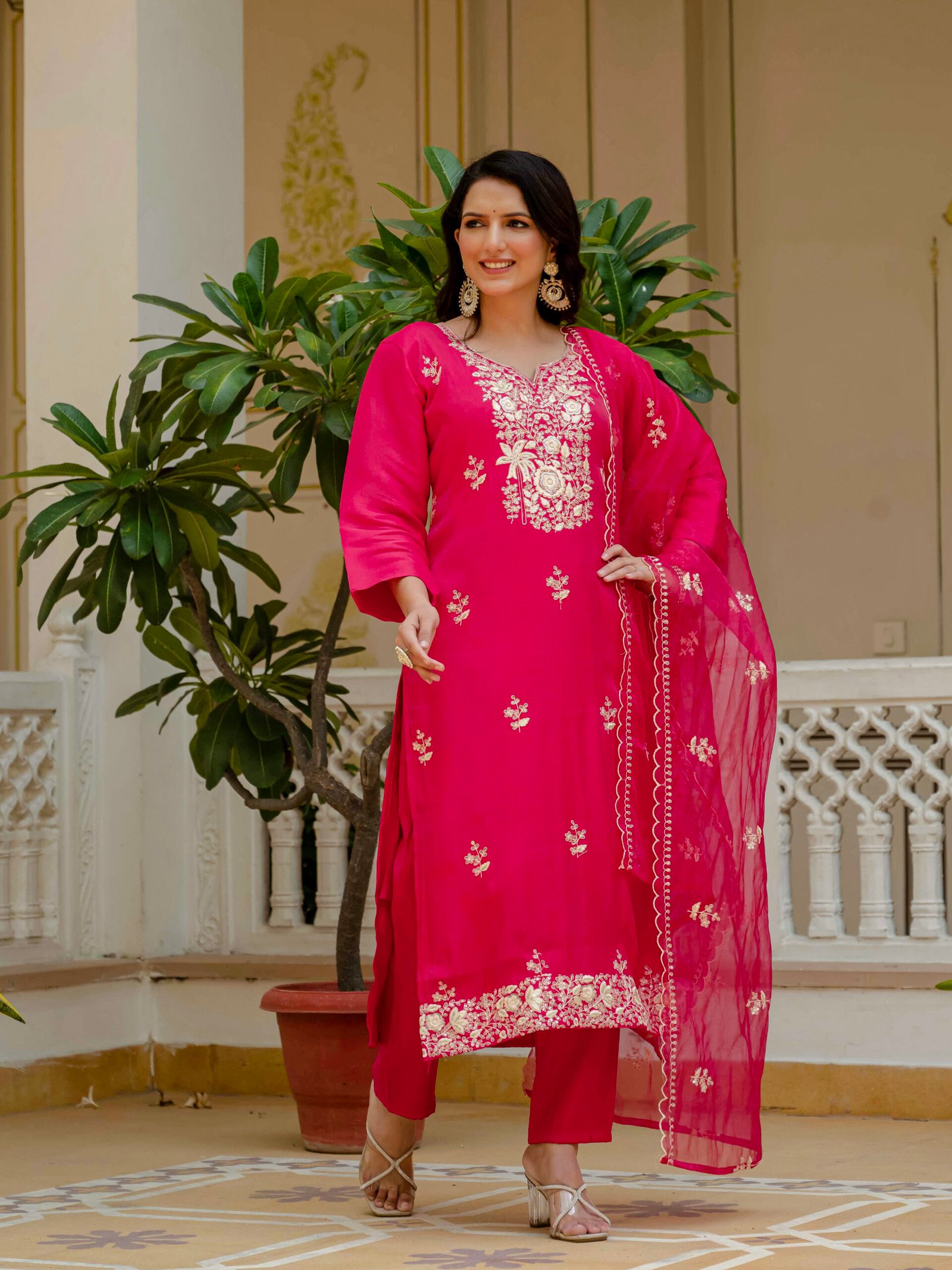 Viola Roman Glass Solid Embroidered Straight Kurta, Trousers & Dupatta Set