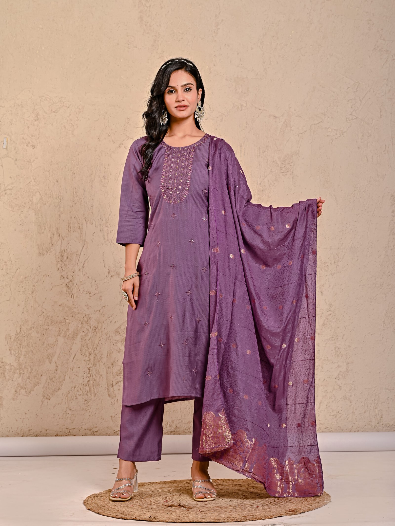 Cyra Berlin Solid Embroidered Straight Kurta, Trousers & Dupatta Sets