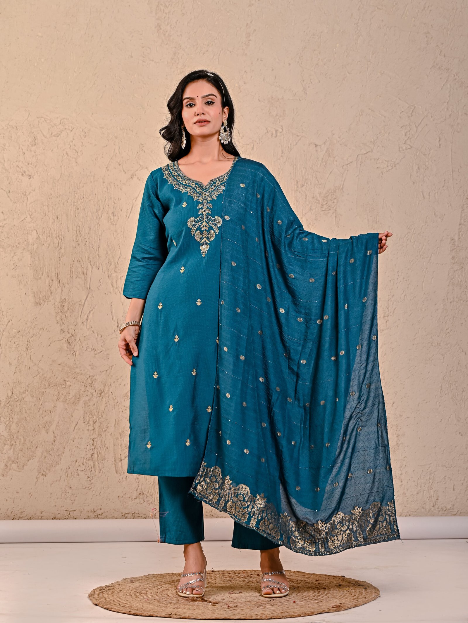 Anara Berlin Solid Embroidered Straight Kurta, Trousers & Dupatta Sets