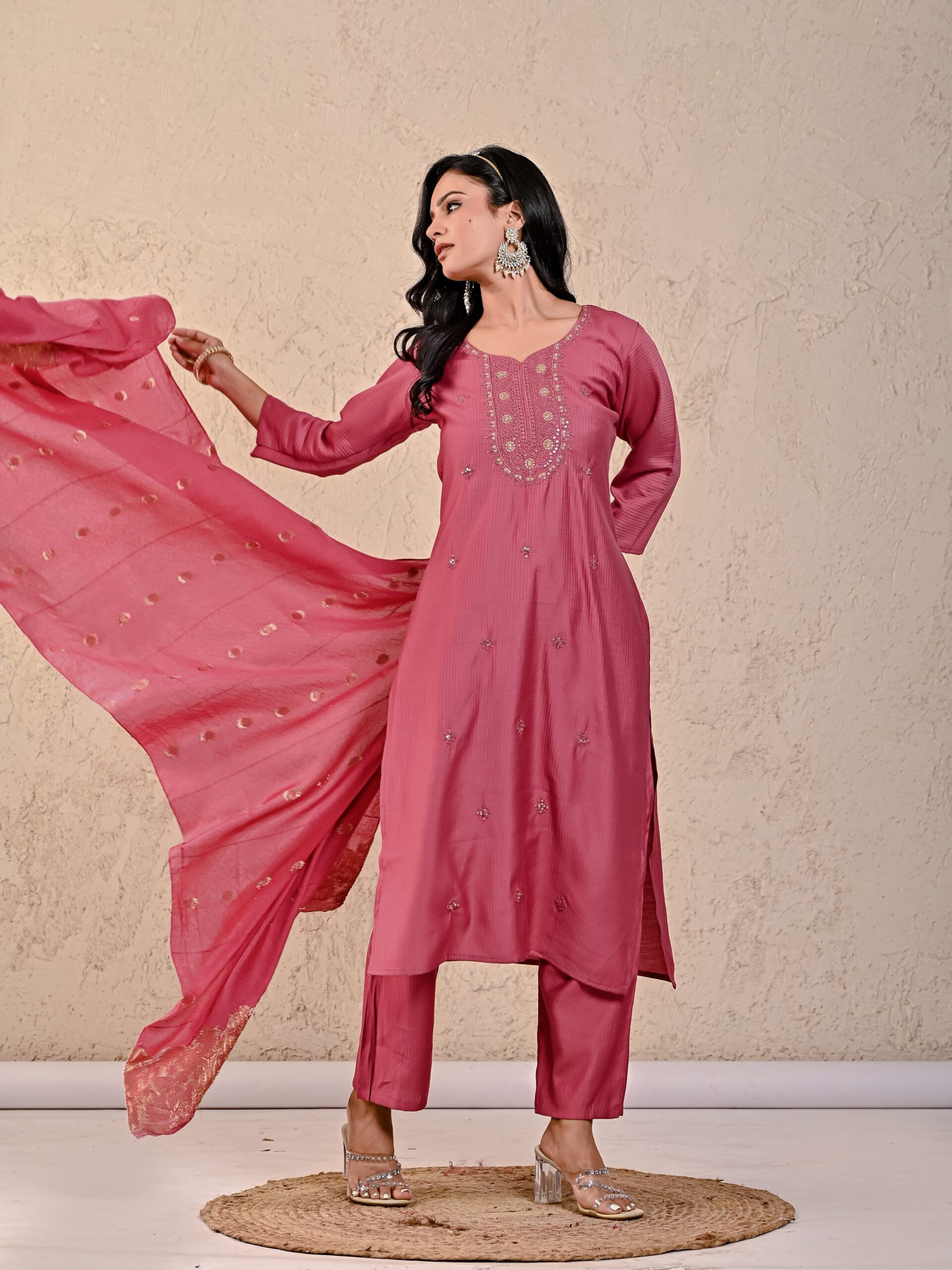 Zylena Berlin Solid Embroidered Straight Kurta, Trousers & Dupatta Sets