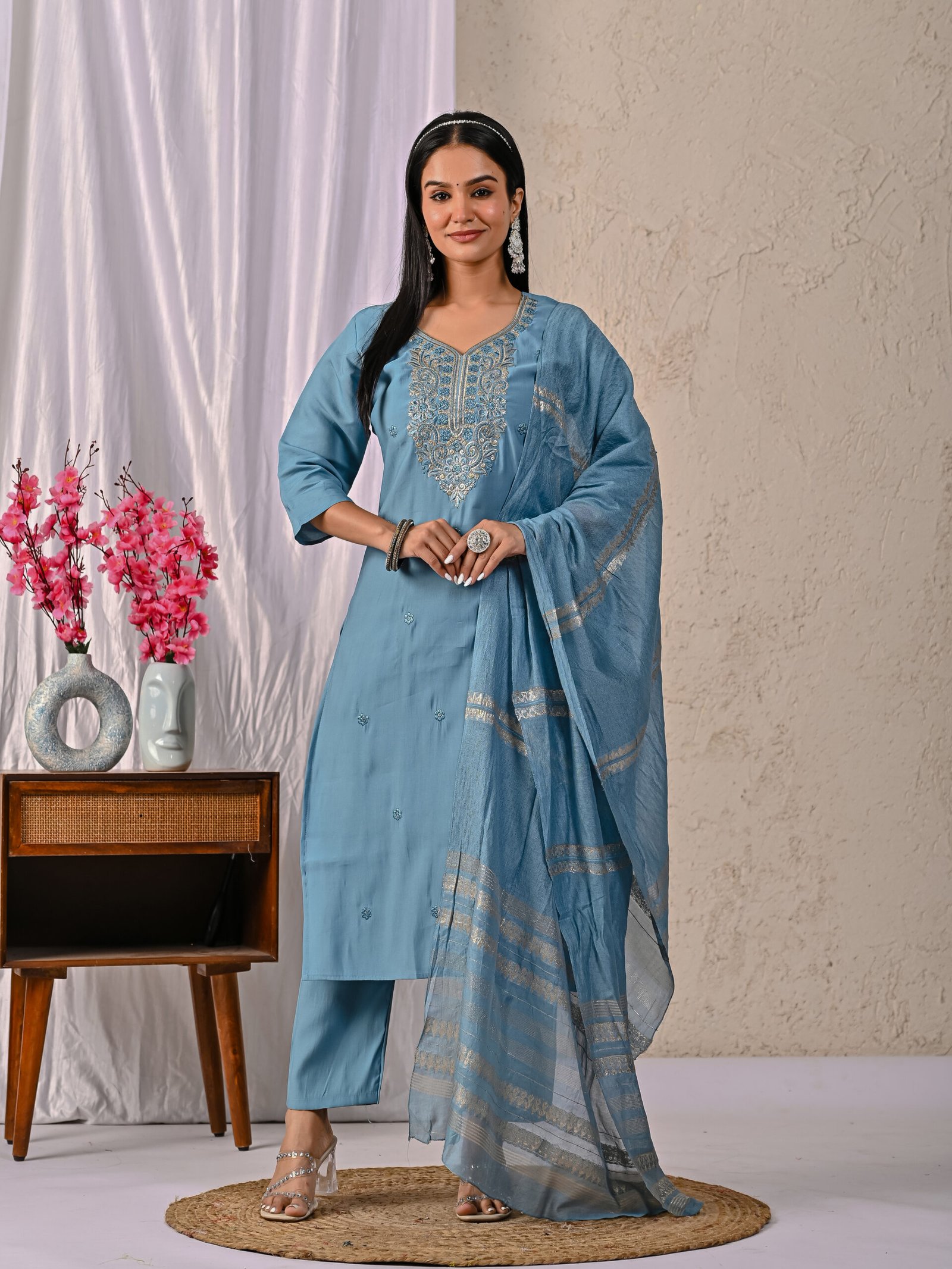 Leela Roman Solid Embroidered Straight Kurta, Trousers & Dupatta Sets