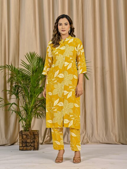 Prayosha Fashion Women's Yellow Floral Printed Rayon Co-ord Set with Pockets