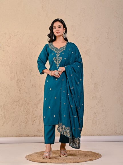 Prayosha Fashion Women's Navy Blue Embroidered Kurta Pant Dupatta Set