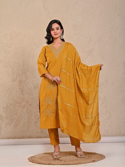 Prayosha Fashion Women's Mustard Yellow Embroidered Kurta Pant Dupatta Set