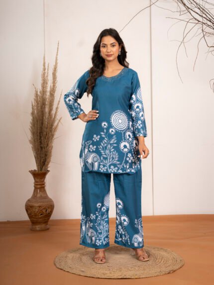 Prayosha Fashion Women's Teal Blue Floral Printed Rayon Co-Ord Set