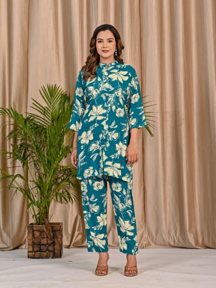 Prayosha Fashion Women's Teal Blue Floral Printed Rayon Co-ord Set with Pockets