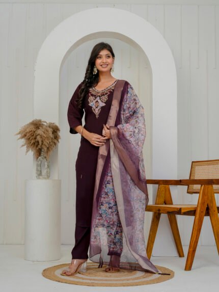 Prayosha Fashion Women's Plum Hand Embroidered Kurta Pant & Digital Print Dupatta Set