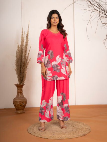Prayosha Fashion Women's Rani Pink Floral Printed Rayon Co-Ord Set