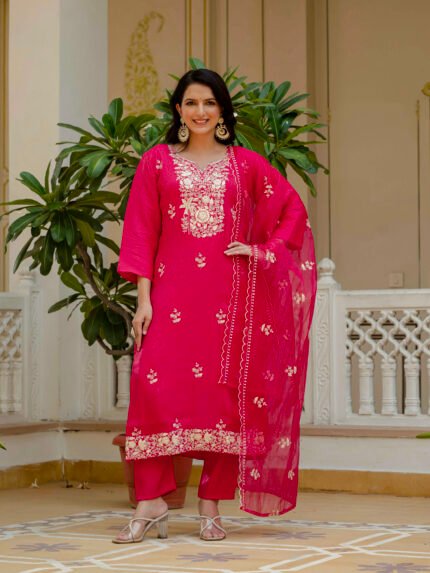 Prayosha Fashion Women's Rani Pink Embroidered Kurta Pant Dupatta Set