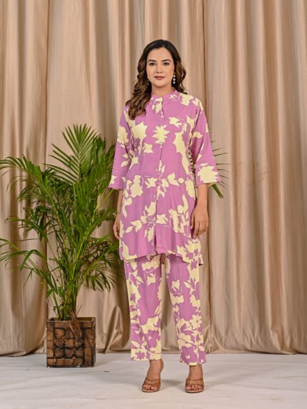 Prayosha Fashion Women's Lavender Floral Printed Rayon Co-ord Set with Pockets