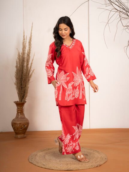 Prayosha Fashion Women's Burnt Orange Floral Printed Rayon Co-Ord Set