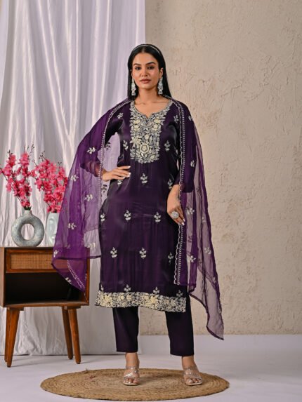 Prayosha Fashion Women's Wine Purple Embroidered Kurta Pant Dupatta Set
