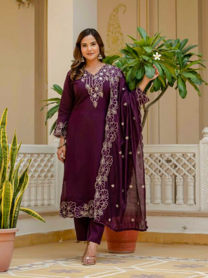 Prayosha Fashion Women's Wine Purple Embroidered Kurta Pant Dupatta Set
