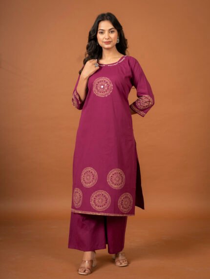 Prayosha Fashion Women's Wine Purple Cotton Kurta with Golden Block Print, Mirror Work & Palazzo Pant