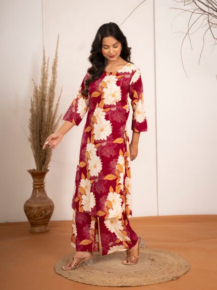 Prayosha Fashion Women's Wine Floral Printed Rayon Co-Ord Set