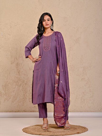 Prayosha Fashion Women's Purple Embroidered Kurta Pant Dupatta Set