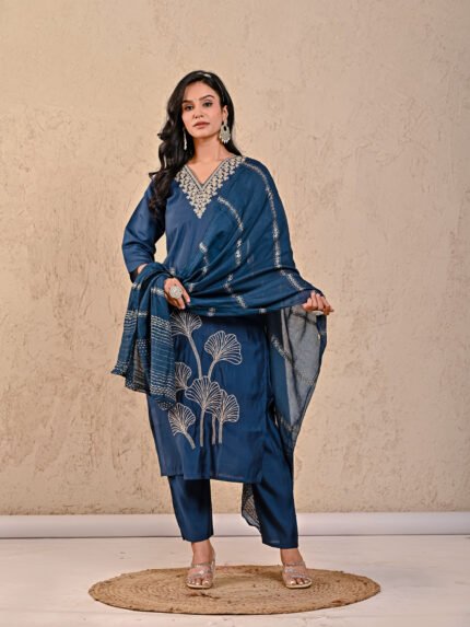 Prayosha Fashion Women's Navy Blue Embroidered Kurta Pant Dupatta Set