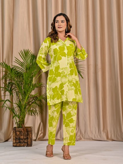 Prayosha Fashion Women's Lime Green Floral Printed Rayon Co-ord Set with Pockets