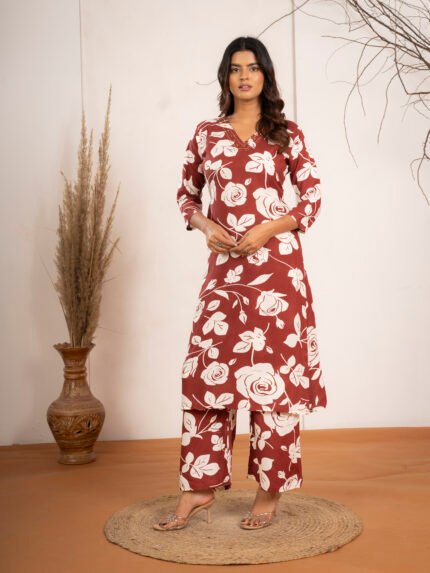 Prayosha Fashion Women's Rust Brown Floral Printed Rayon Co-Ord Set