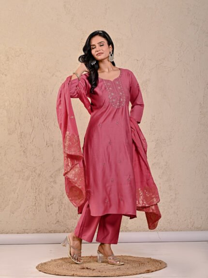 Prayosha Fashion Women's Rose Pink Embroidered Kurta Pant Dupatta Set