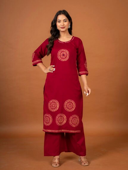 Prayosha Fashion Women's Red Cotton Kurta with Golden Block Print & Mirror Work
