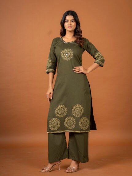 Prayosha Fashion Women's Olive Green Cotton Kurta with Golden Block Print, Mirror Work & Palazzo Pant