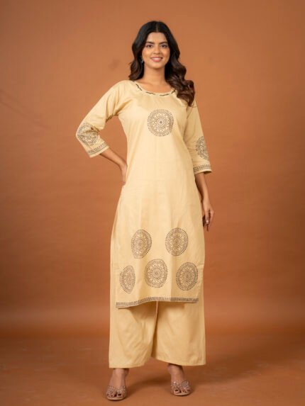 Prayosha Fashion Women's Beige Cotton Kurta with Golden Block Print & Mirror Work
