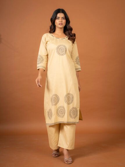 Prayosha Fashion Women's Beige Cotton Kurta with Golden Block Print & Mirror Work