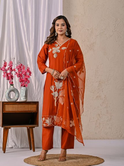 Prayosha Fashion Women's Rust Orange Embroidered Kurta, Pant & Digital Print Dupatta Set