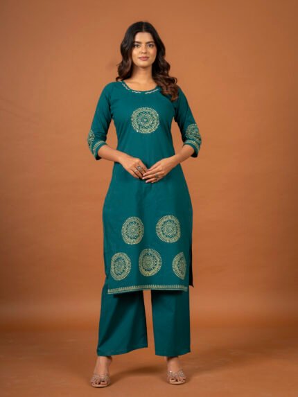 Prayosha Fashion Women's Teal Blue Cotton Kurta with Golden Block Print & Mirror Work