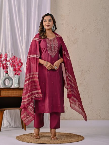 Prayosha Fashion Women's Maroon Embroidered Kurta Pant Dupatta Set