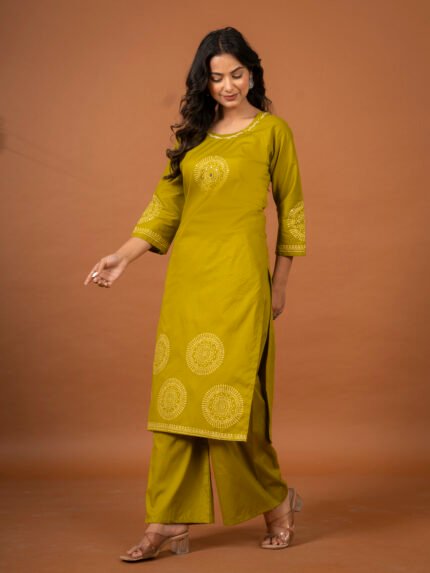 Prayosha Fashion Women's Mustard Gold Cotton Kurta with Golden Block Print & Mirror Work