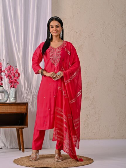 Prayosha Fashion Women's Rani Pink Embroidered Kurta Pant Dupatta Set