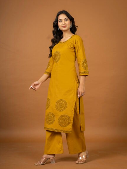 Prayosha Fashion Women's Yellow Cotton Kurta with Golden Block Print & Mirror Work