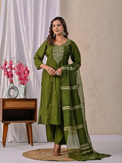Prayosha Fashion Women's Olive Green Embroidered Kurta Pant Dupatta Set