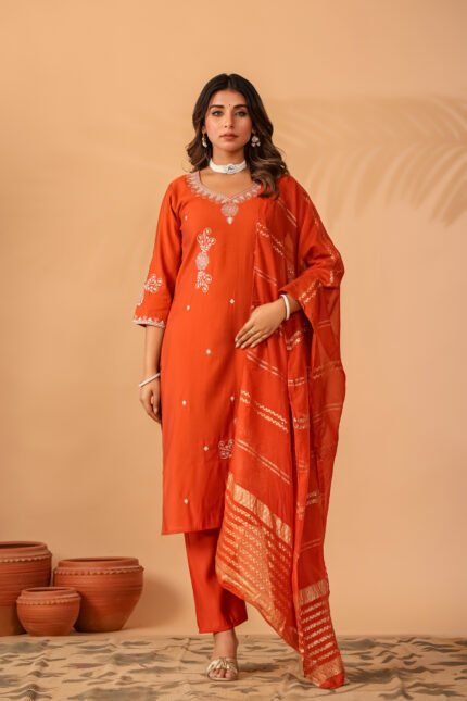 Prayosha Fashion Women's Rust Orange Embroidered Roman Kurta Pant Dupatta Set