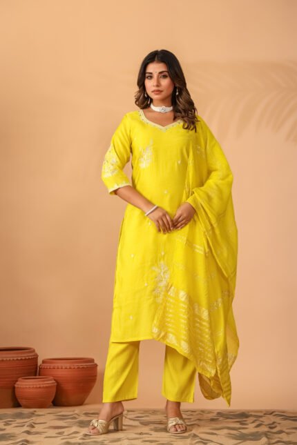 Prayosha Fashion Women's Lime Yellow Embroidered Roman Kurta Pant Dupatta Set